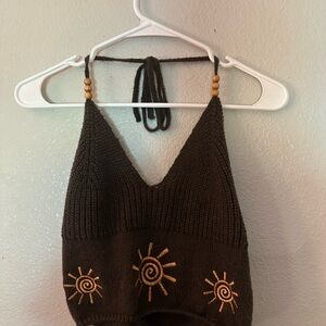 Brown Knit Halter Top with Sun Design